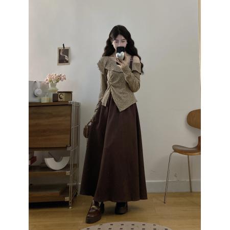 FA56670# 大码女装胖mm春季设计感不规则斜领露肩上衣时尚半身裙两件套  服裝批發女裝批發服飾貨源