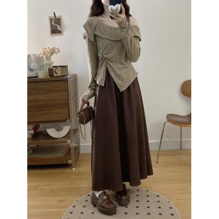 FA56670# 大码女装胖mm春季设计感不规则斜领露肩上衣时尚半身裙两件套  服裝批發女裝批發服飾貨源