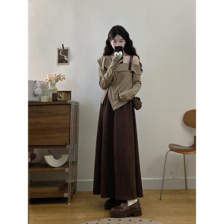 FA56670# 大码女装胖mm春季设计感不规则斜领露肩上衣时尚半身裙两件套  服裝批發女裝批發服飾貨源