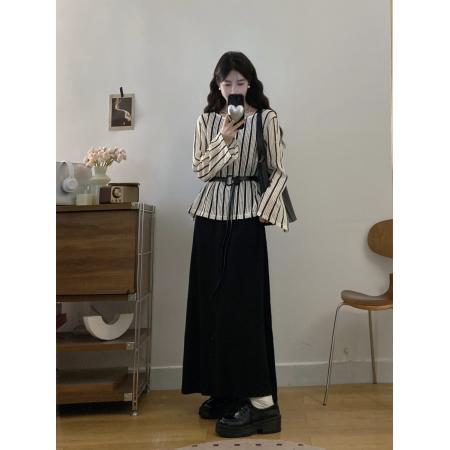 FA56671# 大码女装胖mm2026春季竖条长袖镂空罩衫背心长裙宽松两件套装  服裝批發女裝批發服飾貨源