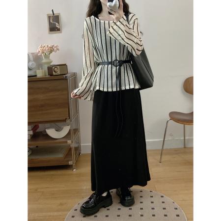 FA56671# 大码女装胖mm2026春季竖条长袖镂空罩衫背心长裙宽松两件套装  服裝批發女裝批發服飾貨源