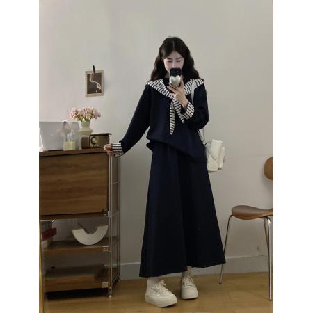 FA56672# 大码女装胖mm春季条纹披肩连帽卫衣宽松半身裙遮肚显瘦两件套  服裝批發女裝批發服飾貨源