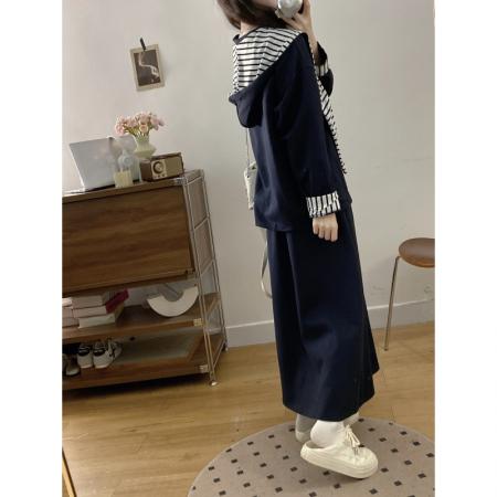 FA56672# 大码女装胖mm春季条纹披肩连帽卫衣宽松半身裙遮肚显瘦两件套  服裝批發女裝批發服飾貨源