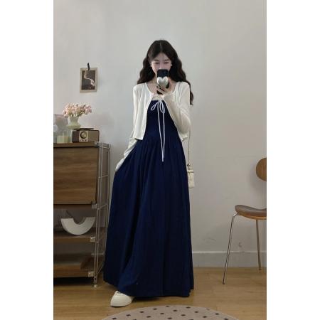 FA56673# 大码女装胖mm春季高级感连衣裙套装蕾丝吊带裙针织开衫两件套  服裝批發女裝批發服飾貨源