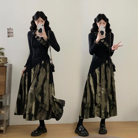 FA56674# 大码女装胖mm春季新中式水墨扎染拼接连衣裙收腰显瘦气质长裙  服裝批發女裝批發服飾貨源