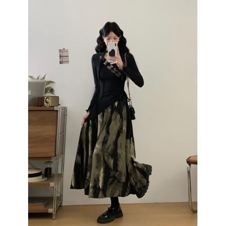 FA56674# 大码女装胖mm春季新中式水墨扎染拼接连衣裙收腰显瘦气质长裙  服裝批發女裝批發服飾貨源