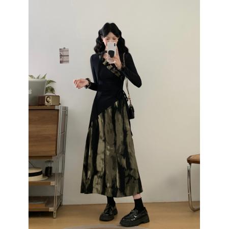 FA56674# 大码女装胖mm春季新中式水墨扎染拼接连衣裙收腰显瘦气质长裙  服裝批發女裝批發服飾貨源