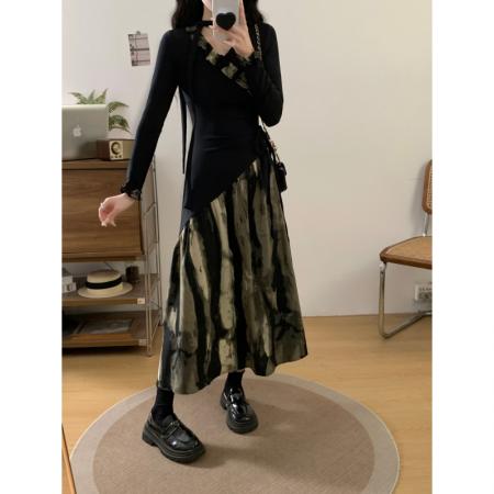 FA56674# 大码女装胖mm春季新中式水墨扎染拼接连衣裙收腰显瘦气质长裙  服裝批發女裝批發服飾貨源