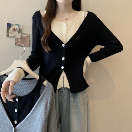 FA56675# 大码女春装胖mm设计感露肩撞色拼接假两件针织衫显瘦长袖上衣  服裝批發女裝批發服飾貨源