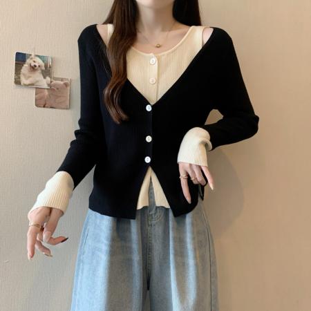 FA56675# 大码女春装胖mm设计感露肩撞色拼接假两件针织衫显瘦长袖上衣  服裝批發女裝批發服飾貨源