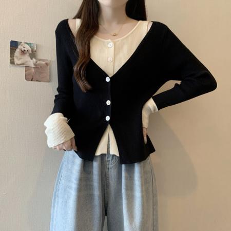 FA56675# 大码女春装胖mm设计感露肩撞色拼接假两件针织衫显瘦长袖上衣  服裝批發女裝批發服飾貨源