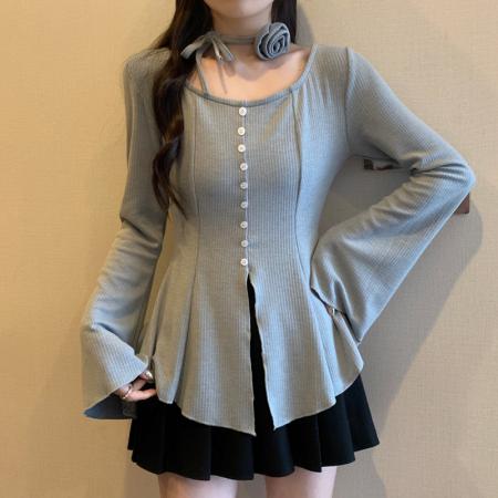 FA56676# 大码女装胖mm春季设计感U领喇叭袖不规则上衣显瘦长袖针织衫  服裝批發女裝批發服飾貨源