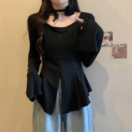 FA56676# 大码女装胖mm春季设计感U领喇叭袖不规则上衣显瘦长袖针织衫  服裝批發女裝批發服飾貨源