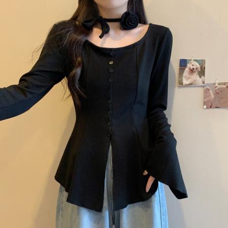 FA56676# 大码女装胖mm春季设计感U领喇叭袖不规则上衣显瘦长袖针织衫  服裝批發女裝批發服飾貨源