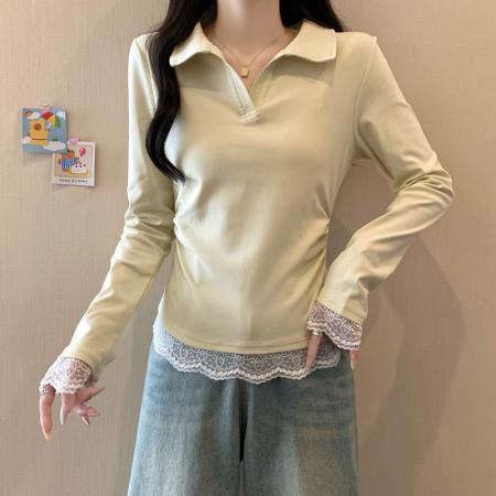 FA56677# 大码女装胖mm春季设计感蕾丝拼接翻领假两件上衣显瘦长袖T桖  服裝批發女裝批發服飾貨源