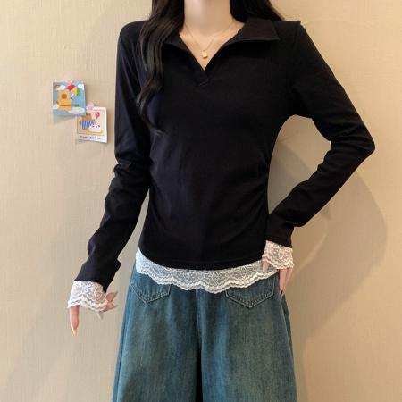 FA56677# 大码女装胖mm春季设计感蕾丝拼接翻领假两件上衣显瘦长袖T桖  服裝批發女裝批發服飾貨源