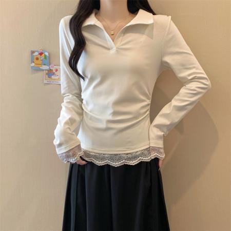 FA56677# 大码女装胖mm春季设计感蕾丝拼接翻领假两件上衣显瘦长袖T桖  服裝批發女裝批發服飾貨源