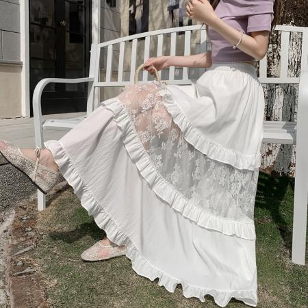 FA56678# 小众设计感白色中长款半身裙女春夏蕾丝拼接木耳边蛋糕裙裙子  服裝批發女裝批發服飾貨源