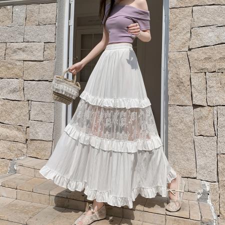 FA56678# 小众设计感白色中长款半身裙女春夏蕾丝拼接木耳边蛋糕裙裙子  服裝批發女裝批發服飾貨源