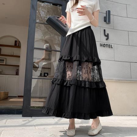 FA56678# 小众设计感白色中长款半身裙女春夏蕾丝拼接木耳边蛋糕裙裙子  服裝批發女裝批發服飾貨源