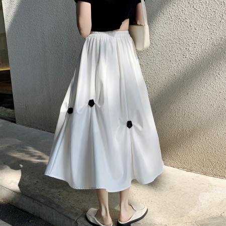 FA56679# 小众百搭松紧腰半身裙春夏设计感不规则褶皱花朵a字中长裙  服裝批發女裝批發服飾貨源