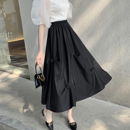 FA56679# 小众百搭松紧腰半身裙春夏设计感不规则褶皱花朵a字中长裙  服裝批發女裝批發服飾貨源