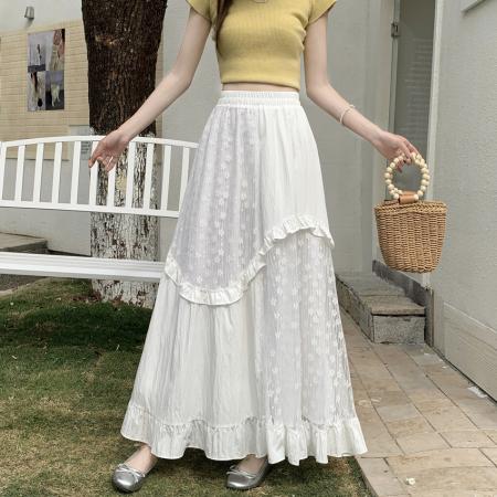 FA56680# 小众设计感白色中长款半身裙女春夏蕾丝拼接木耳边蛋糕裙裙子  服裝批發女裝批發服飾貨源