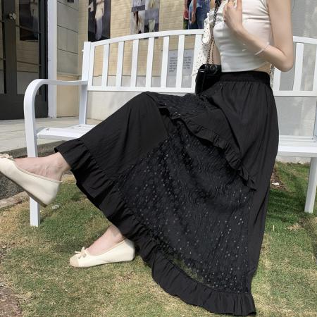 FA56680# 小众设计感白色中长款半身裙女春夏蕾丝拼接木耳边蛋糕裙裙子  服裝批發女裝批發服飾貨源