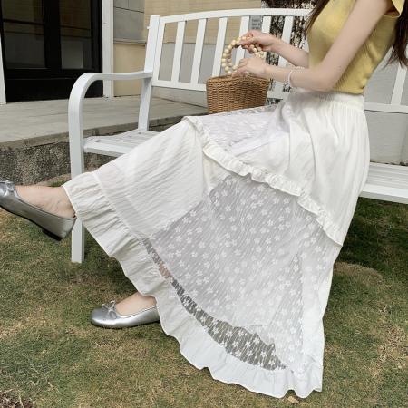 FA56680# 小众设计感白色中长款半身裙女春夏蕾丝拼接木耳边蛋糕裙裙子  服裝批發女裝批發服飾貨源