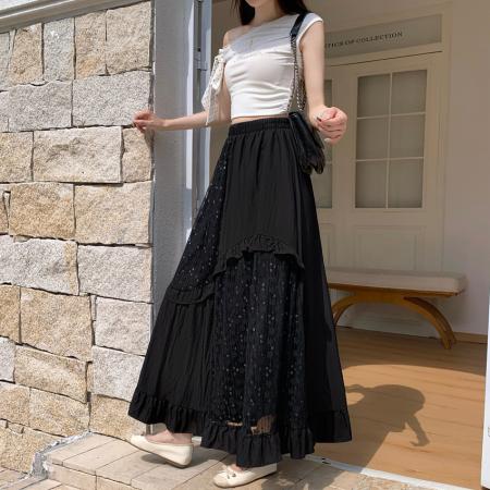 FA56680# 小众设计感白色中长款半身裙女春夏蕾丝拼接木耳边蛋糕裙裙子  服裝批發女裝批發服飾貨源