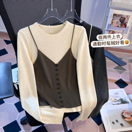 FA56681# 假两件针织吊带长袖T恤女新款早春小个子收腰百搭上衣ins  服裝批發女裝批發服飾貨源