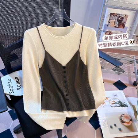 FA56681# 假两件针织吊带长袖T恤女新款早春小个子收腰百搭上衣ins  服裝批發女裝批發服飾貨源