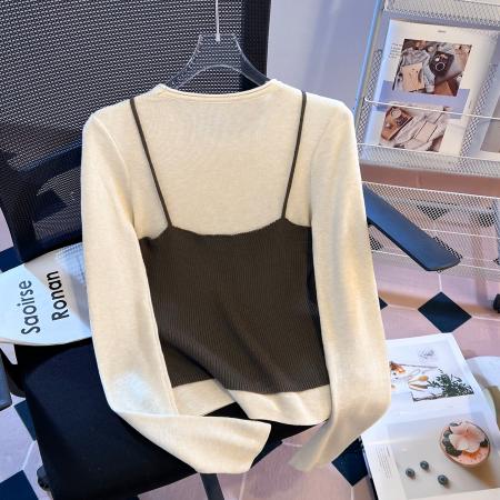 FA56681# 假两件针织吊带长袖T恤女新款早春小个子收腰百搭上衣ins  服裝批發女裝批發服飾貨源