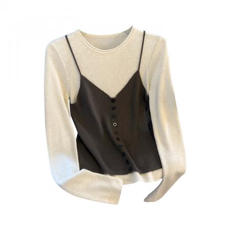 FA56681# 假两件针织吊带长袖T恤女新款早春小个子收腰百搭上衣ins  服裝批發女裝批發服飾貨源