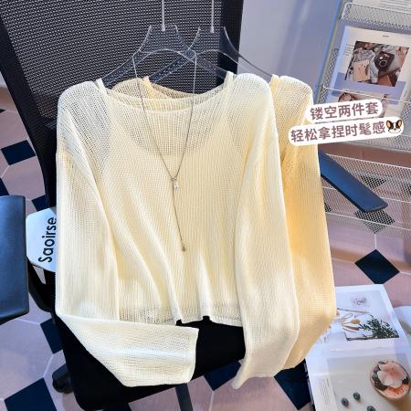 FA56682# 镂空圆领两件套针织衫女早春新款宽松套头百搭长袖上衣  服裝批發女裝批發服飾貨源