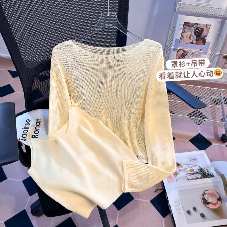 FA56682# 镂空圆领两件套针织衫女早春新款宽松套头百搭长袖上衣  服裝批發女裝批發服飾貨源