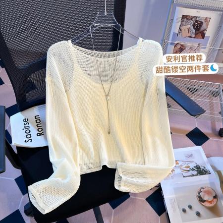 FA56682# 镂空圆领两件套针织衫女早春新款宽松套头百搭长袖上衣  服裝批發女裝批發服飾貨源