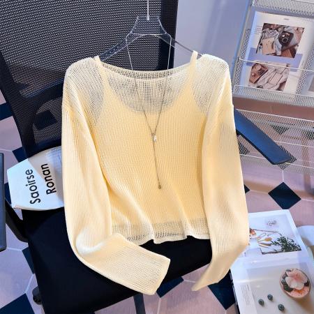 FA56682# 镂空圆领两件套针织衫女早春新款宽松套头百搭长袖上衣  服裝批發女裝批發服飾貨源