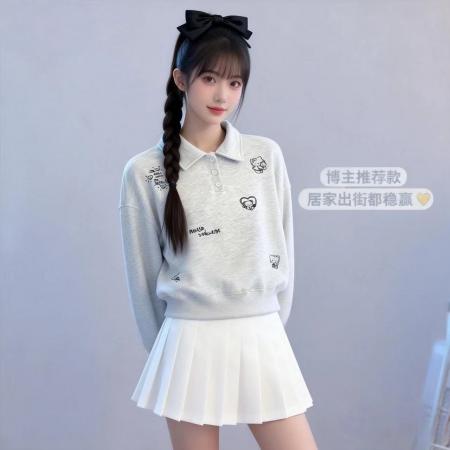 FA56683# 韩系简约polo领长袖卫衣女春新款刺绣设计感卫衣  服裝批發女裝批發服飾貨源