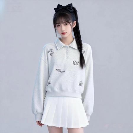 FA56683# 韩系简约polo领长袖卫衣女春新款刺绣设计感卫衣  服裝批發女裝批發服飾貨源