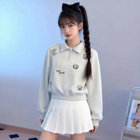 FA56683# 韩系简约polo领长袖卫衣女春新款刺绣设计感卫衣  服裝批發女裝批發服飾貨源