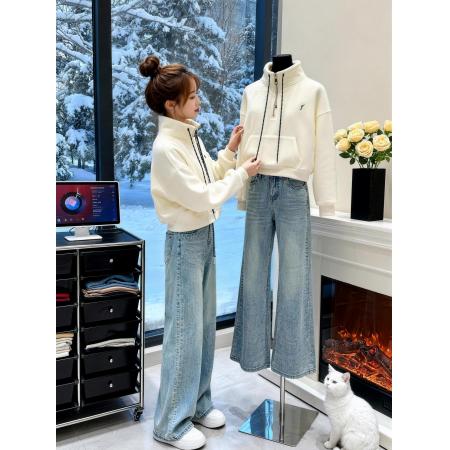 FA56684# 半拉链立领加绒加厚卫衣女新款爆款慵懒风小个子宽松上衣  服裝批發女裝批發服飾貨源