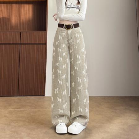 FA56685# 春秋季马到成功绣花牛仔窄版直筒阔腿裤女145CM娇小个  服裝批發女裝批發服飾貨源