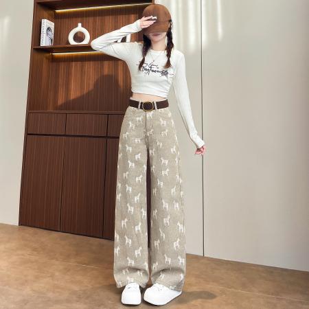 FA56685# 春秋季马到成功绣花牛仔窄版直筒阔腿裤女145CM娇小个  服裝批發女裝批發服飾貨源