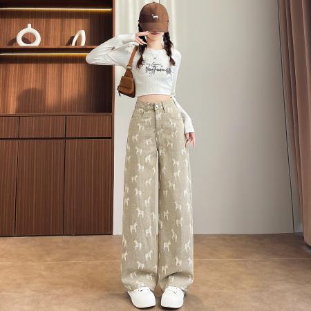 FA56685# 春秋季马到成功绣花牛仔窄版直筒阔腿裤女145CM娇小个  服裝批發女裝批發服飾貨源