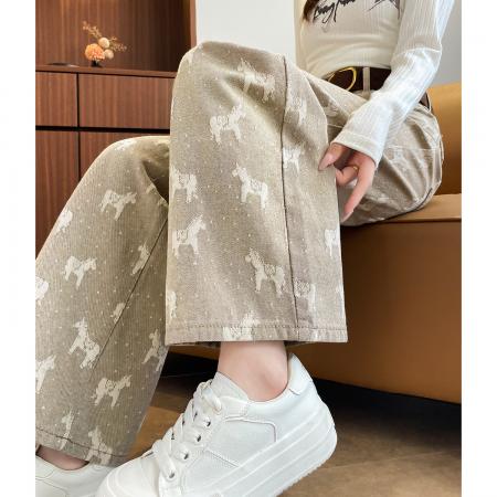 FA56685# 春秋季马到成功绣花牛仔窄版直筒阔腿裤女145CM娇小个  服裝批發女裝批發服飾貨源