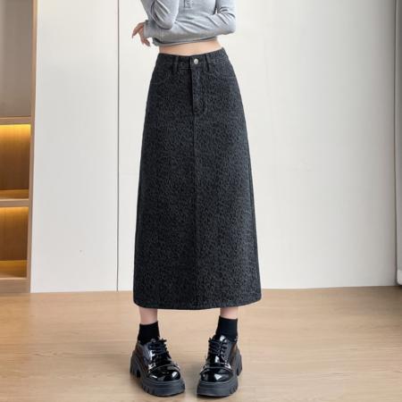 FA56686# 春秋百搭豹纹牛仔一步裙半身裙女145CM娇小个子  服裝批發女裝批發服飾貨源