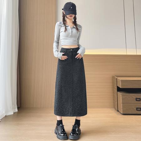 FA56686# 春秋百搭豹纹牛仔一步裙半身裙女145CM娇小个子  服裝批發女裝批發服飾貨源