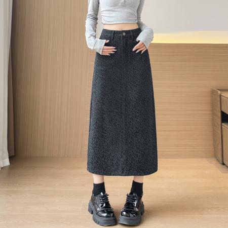 FA56686# 春秋百搭豹纹牛仔一步裙半身裙女145CM娇小个子  服裝批發女裝批發服飾貨源