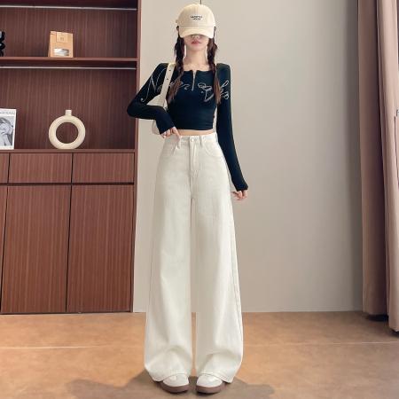 FA56687# 春季百搭米白窄版直筒阔腿裤女145CM娇小个子  服裝批發女裝批發服飾貨源